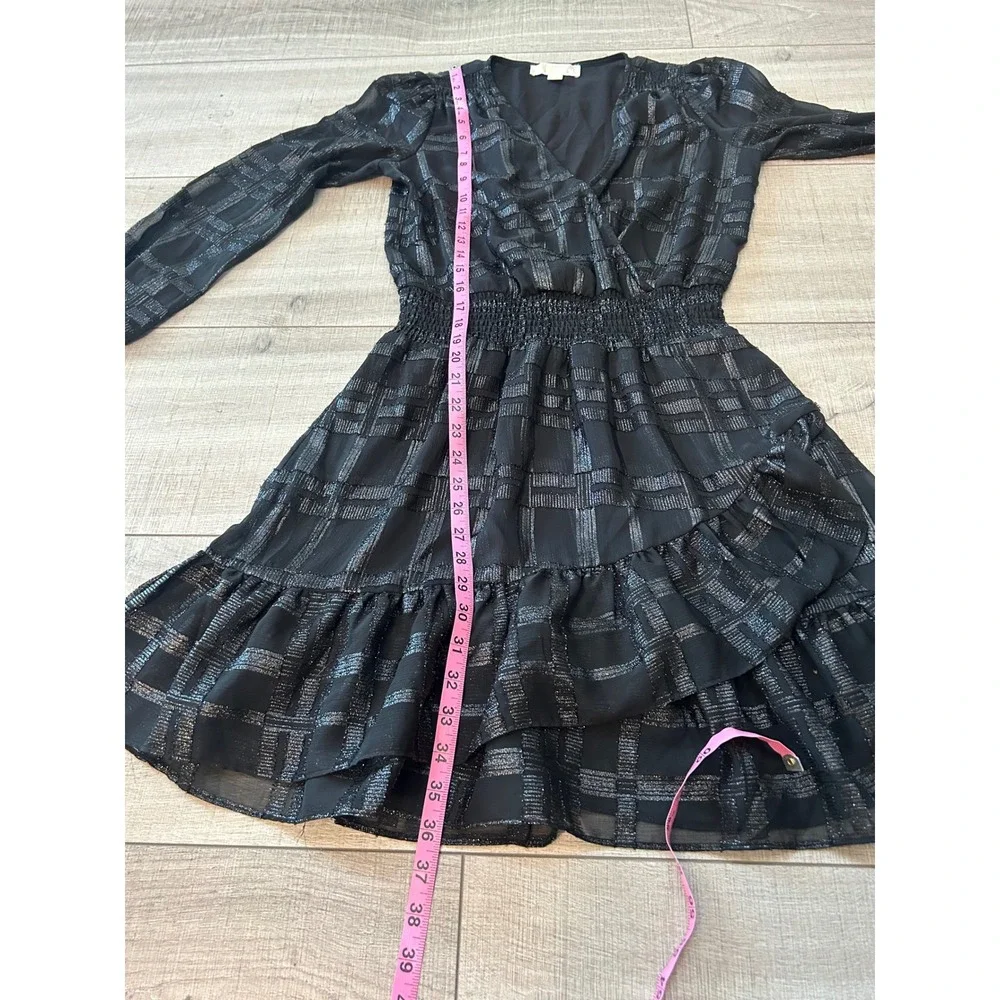 Michael Kors Black Silver Metallic Plaid Smocked Waist Ruffle Mini Dress S